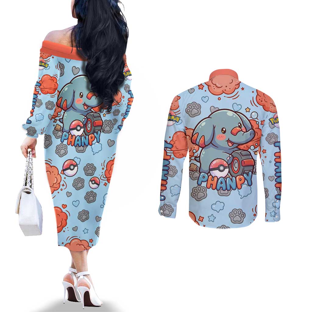 Phanpy Couples Matching Off The Shoulder Long Sleeve Dress and Long Sleeve Button Shirt Playful Kawaii Cloud Burst Art