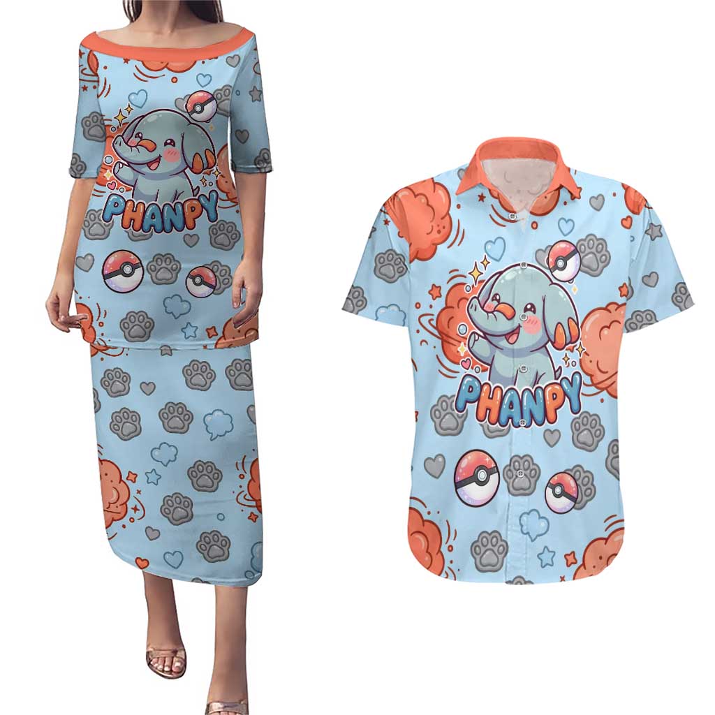 Phanpy Couples Matching Puletasi and Hawaiian Shirt Playful Kawaii Cloud Burst Art
