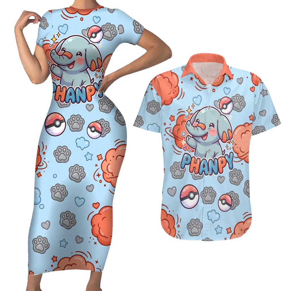 Phanpy Couples Matching Short Sleeve Bodycon Dress and Hawaiian Shirt Playful Kawaii Cloud Burst Art