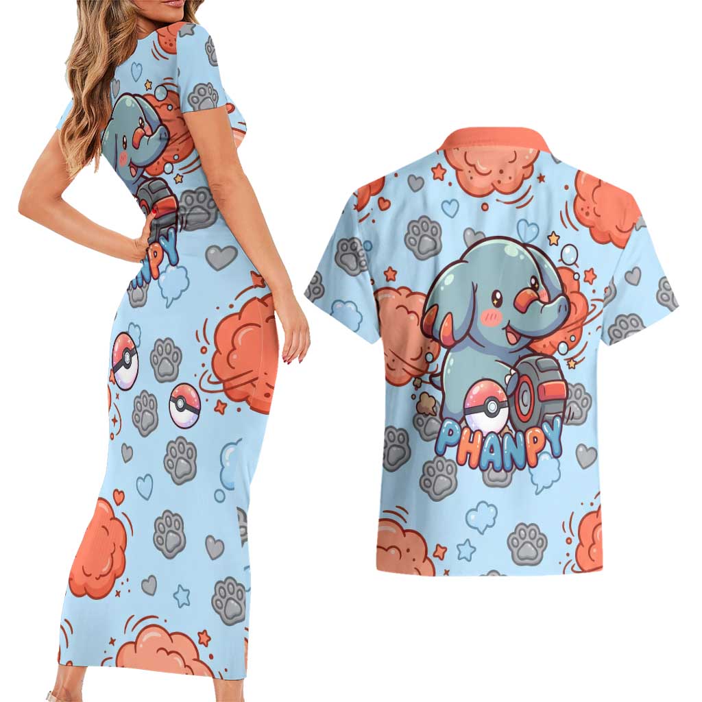 Phanpy Couples Matching Short Sleeve Bodycon Dress and Hawaiian Shirt Playful Kawaii Cloud Burst Art