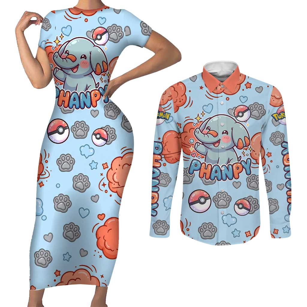 Phanpy Couples Matching Short Sleeve Bodycon Dress and Long Sleeve Button Shirt Playful Kawaii Cloud Burst Art