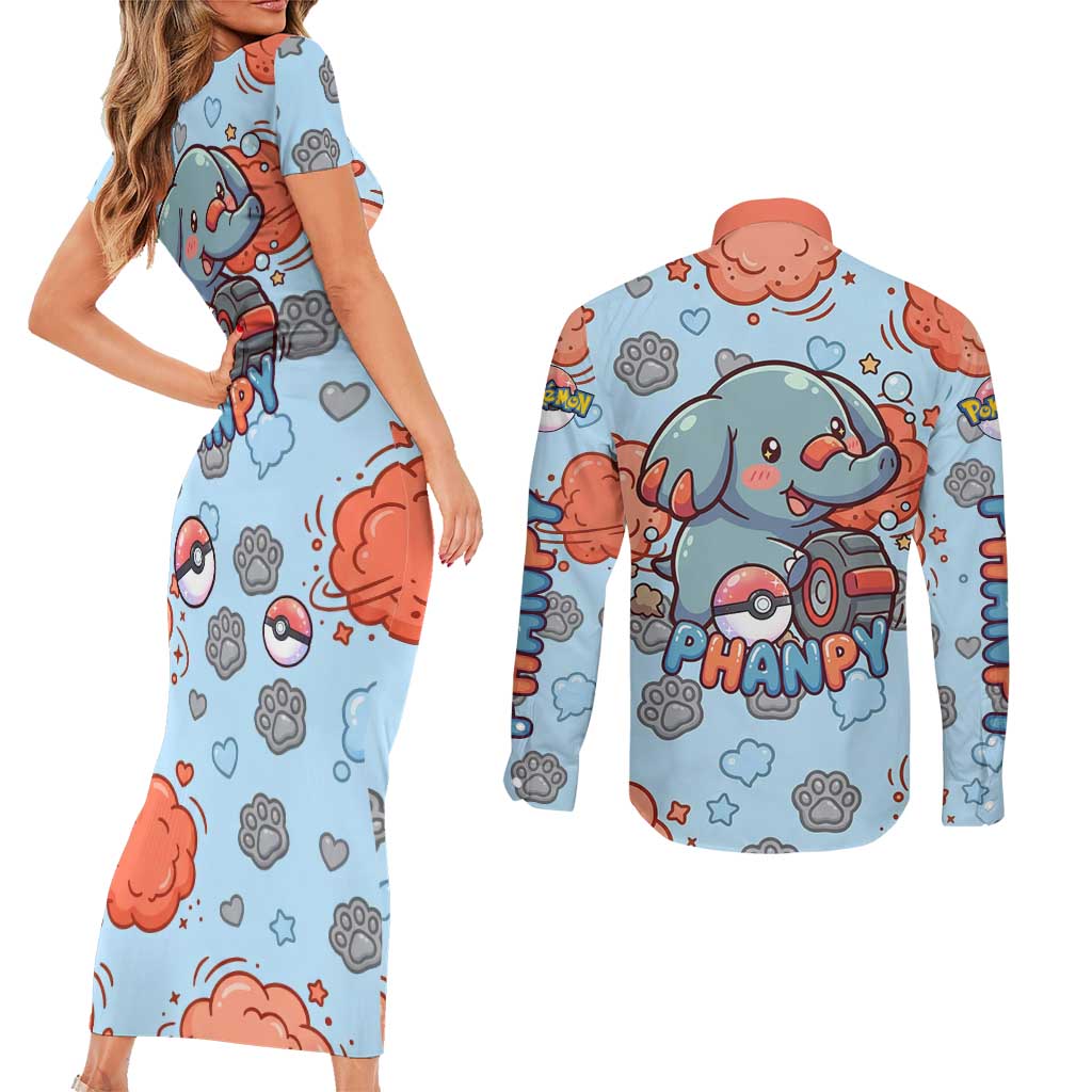 Phanpy Couples Matching Short Sleeve Bodycon Dress and Long Sleeve Button Shirt Playful Kawaii Cloud Burst Art