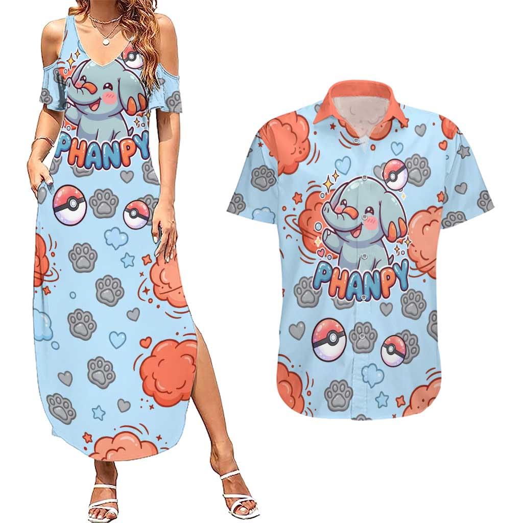 Phanpy Couples Matching Summer Maxi Dress and Hawaiian Shirt Playful Kawaii Cloud Burst Art