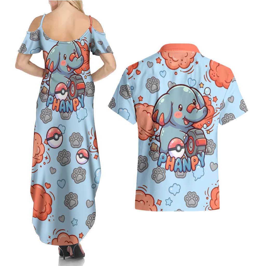 Phanpy Couples Matching Summer Maxi Dress and Hawaiian Shirt Playful Kawaii Cloud Burst Art
