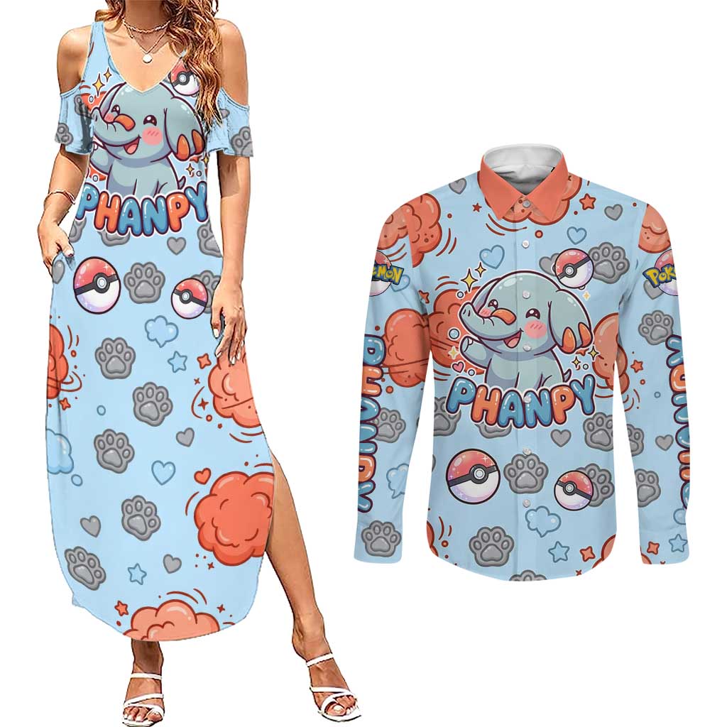 Phanpy Couples Matching Summer Maxi Dress and Long Sleeve Button Shirt Playful Kawaii Cloud Burst Art
