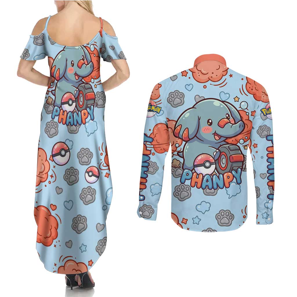 Phanpy Couples Matching Summer Maxi Dress and Long Sleeve Button Shirt Playful Kawaii Cloud Burst Art