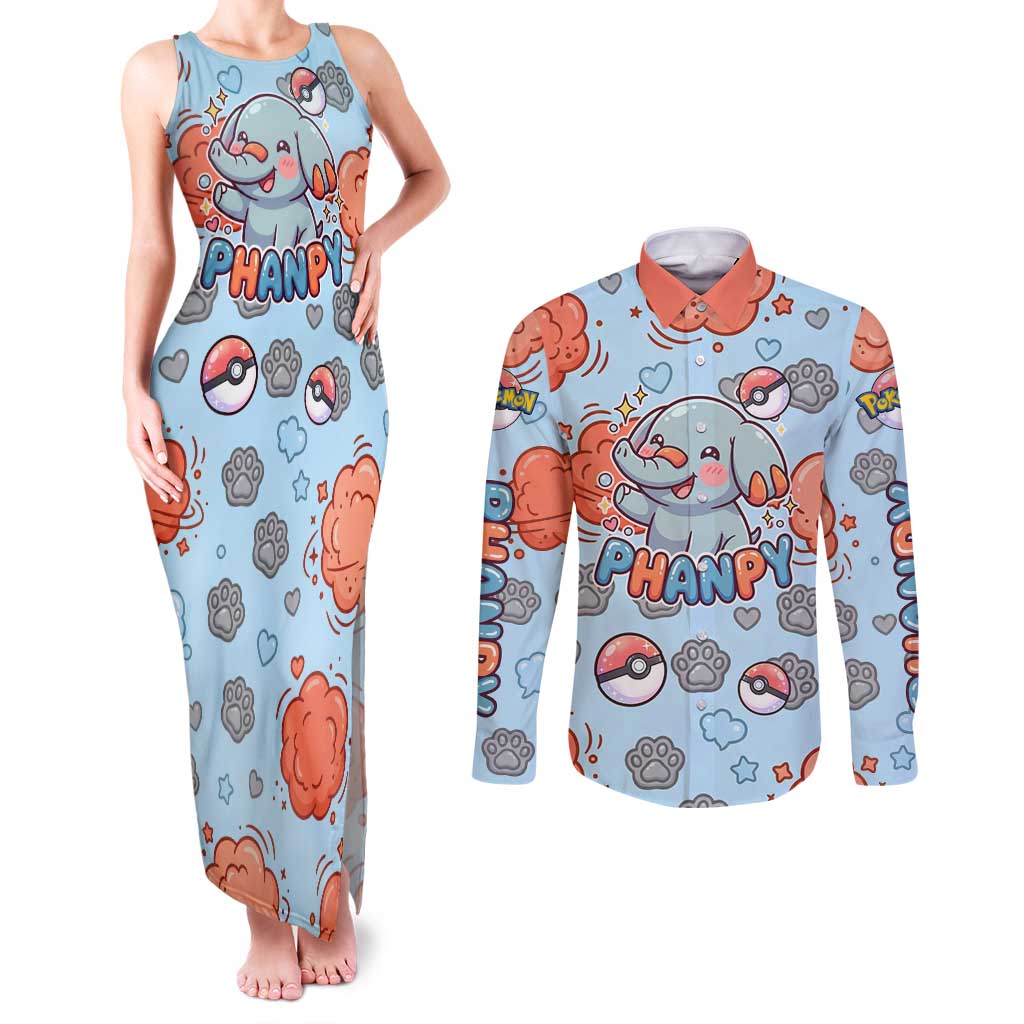 Phanpy Couples Matching Tank Maxi Dress and Long Sleeve Button Shirt Playful Kawaii Cloud Burst Art