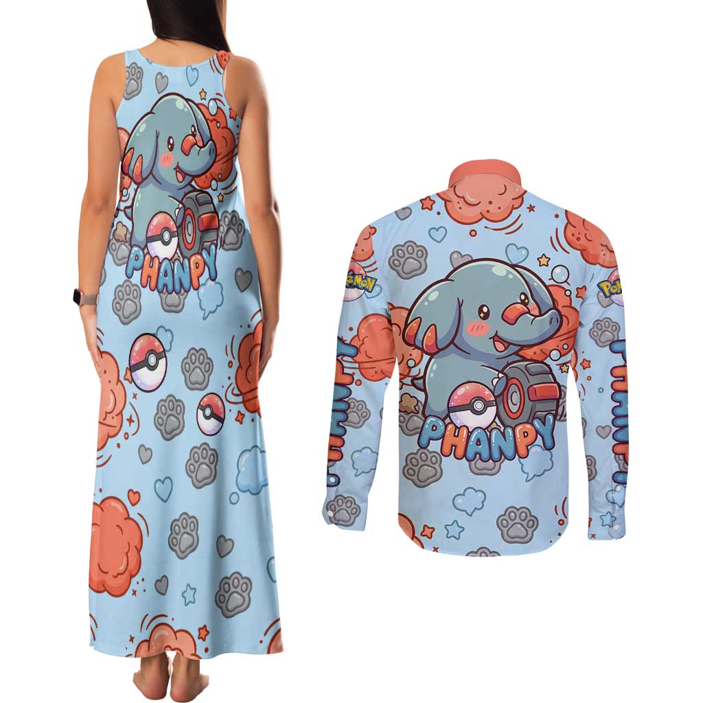 Phanpy Couples Matching Tank Maxi Dress and Long Sleeve Button Shirt Playful Kawaii Cloud Burst Art