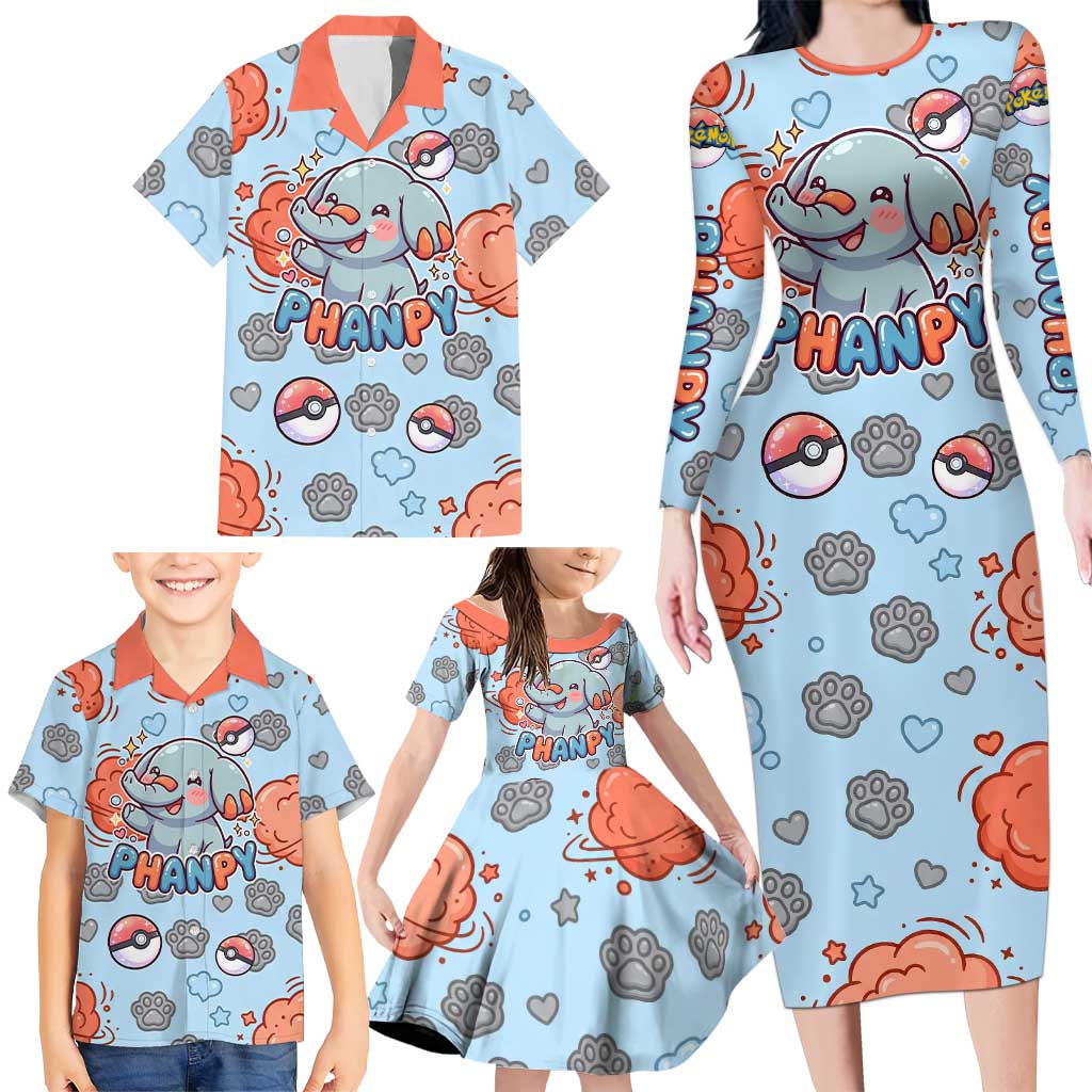 Phanpy Family Matching Long Sleeve Bodycon Dress and Hawaiian Shirt Playful Kawaii Cloud Burst Art