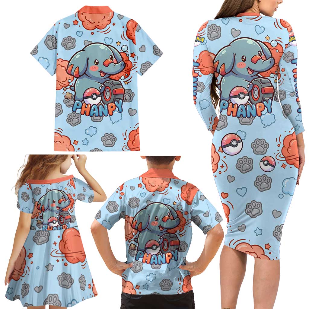 Phanpy Family Matching Long Sleeve Bodycon Dress and Hawaiian Shirt Playful Kawaii Cloud Burst Art