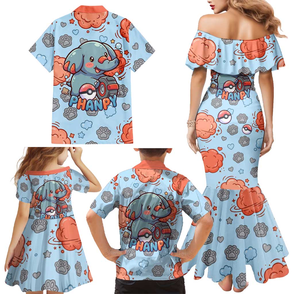 Phanpy Family Matching Mermaid Dress and Hawaiian Shirt Playful Kawaii Cloud Burst Art