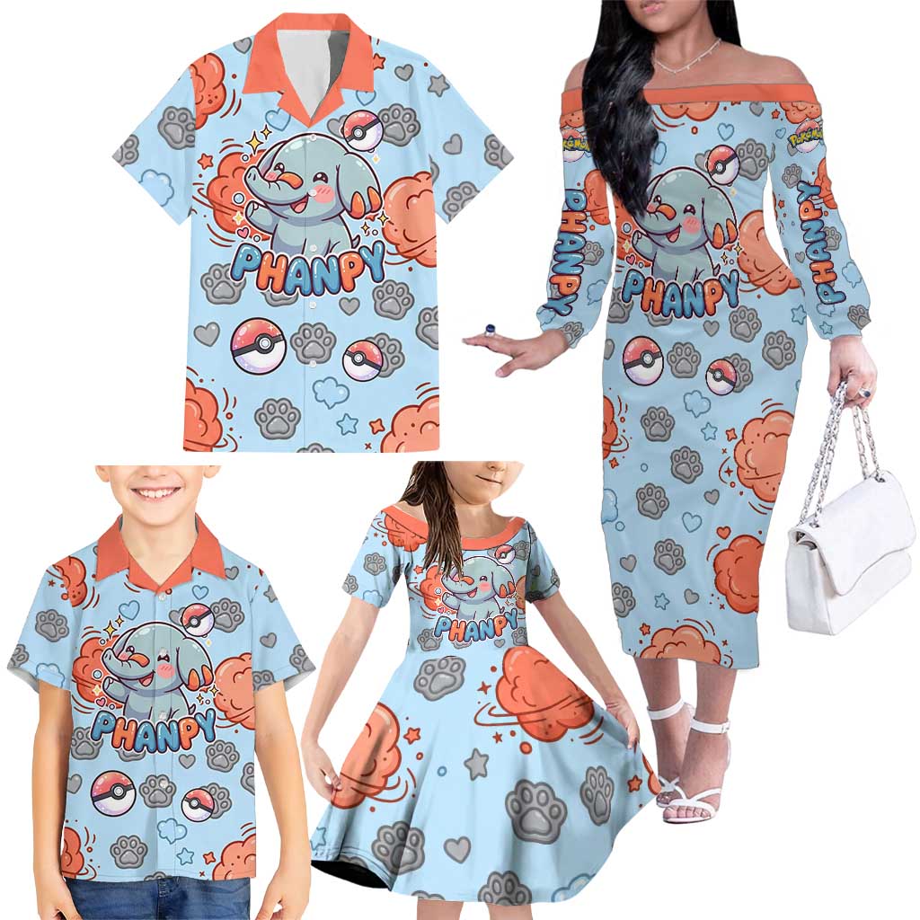 Phanpy Family Matching Off The Shoulder Long Sleeve Dress and Hawaiian Shirt Playful Kawaii Cloud Burst Art