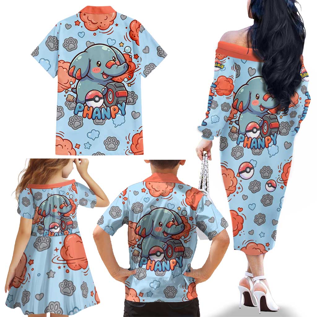 Phanpy Family Matching Off The Shoulder Long Sleeve Dress and Hawaiian Shirt Playful Kawaii Cloud Burst Art