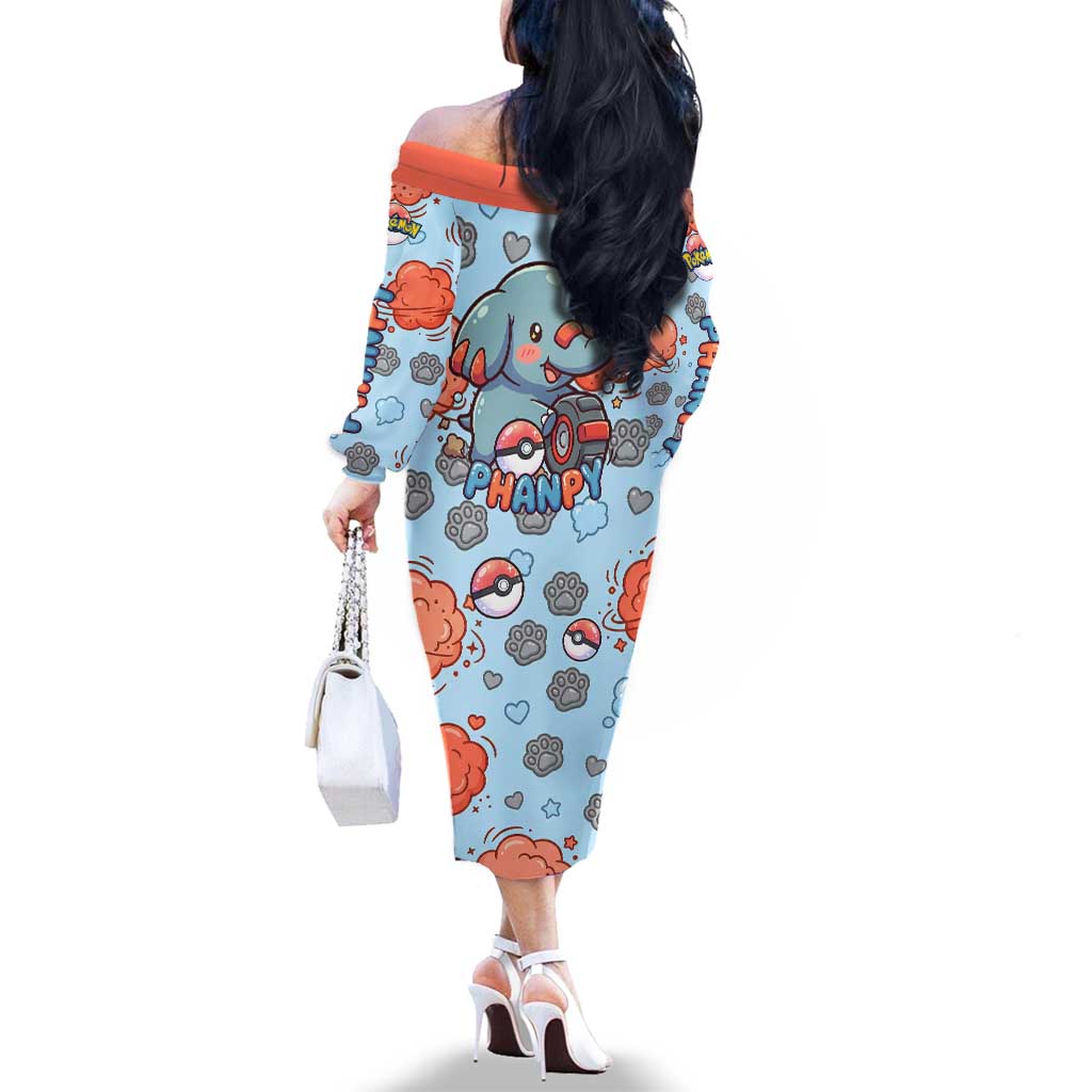Phanpy Family Matching Off The Shoulder Long Sleeve Dress and Hawaiian Shirt Playful Kawaii Cloud Burst Art