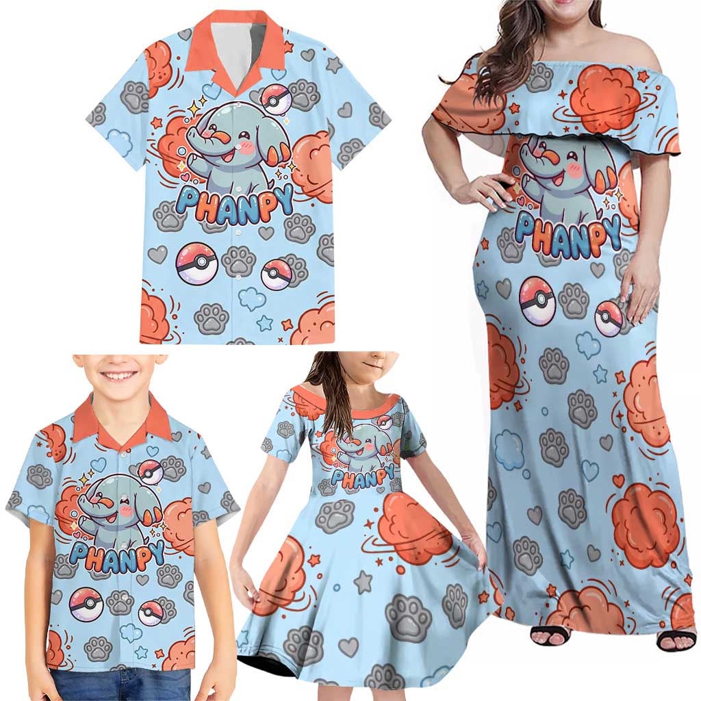 Phanpy Family Matching Off Shoulder Maxi Dress and Hawaiian Shirt Playful Kawaii Cloud Burst Art