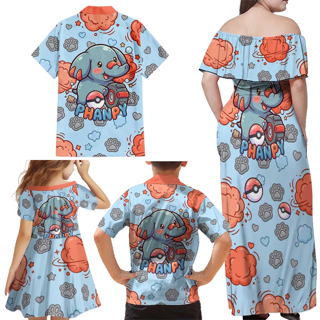 Phanpy Family Matching Off Shoulder Maxi Dress and Hawaiian Shirt Playful Kawaii Cloud Burst Art