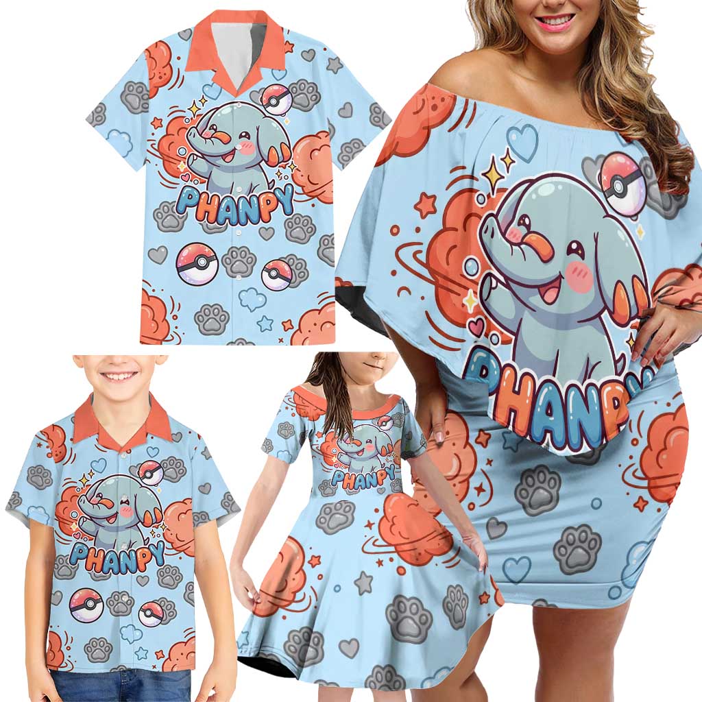 Phanpy Family Matching Off Shoulder Short Dress and Hawaiian Shirt Playful Kawaii Cloud Burst Art