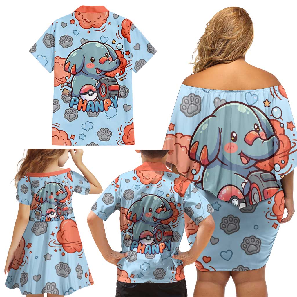 Phanpy Family Matching Off Shoulder Short Dress and Hawaiian Shirt Playful Kawaii Cloud Burst Art