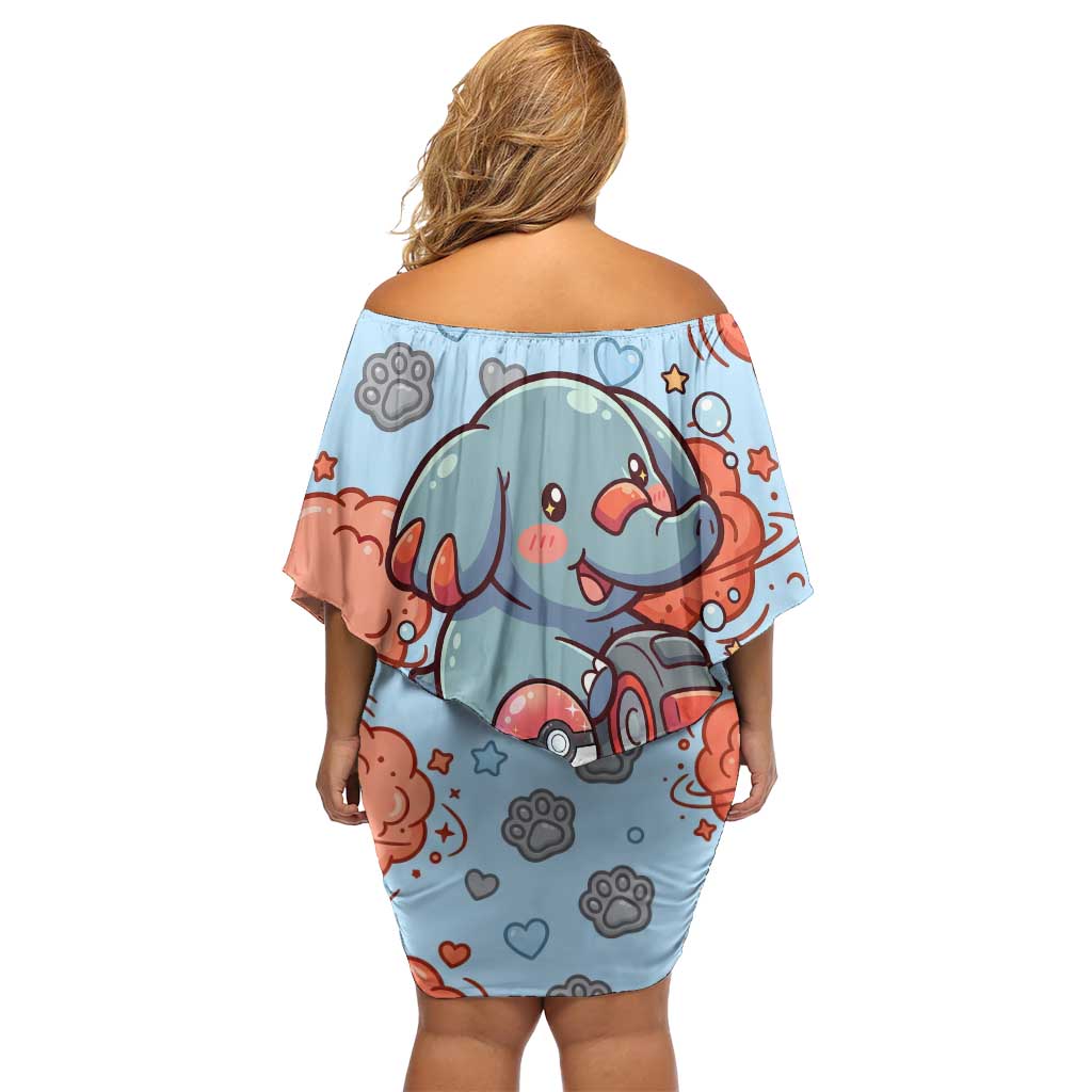 Phanpy Family Matching Off Shoulder Short Dress and Hawaiian Shirt Playful Kawaii Cloud Burst Art