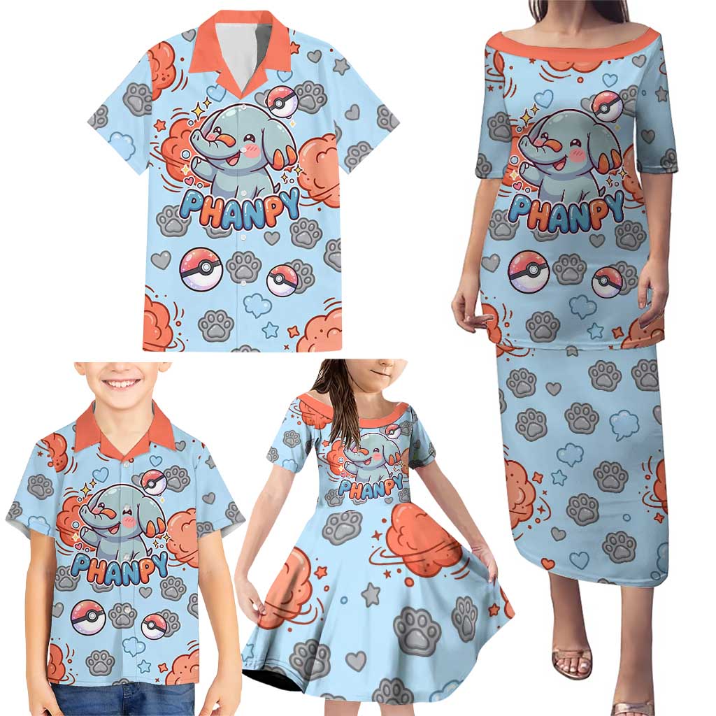 Phanpy Family Matching Puletasi and Hawaiian Shirt Playful Kawaii Cloud Burst Art