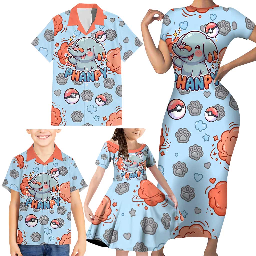 Phanpy Family Matching Short Sleeve Bodycon Dress and Hawaiian Shirt Playful Kawaii Cloud Burst Art