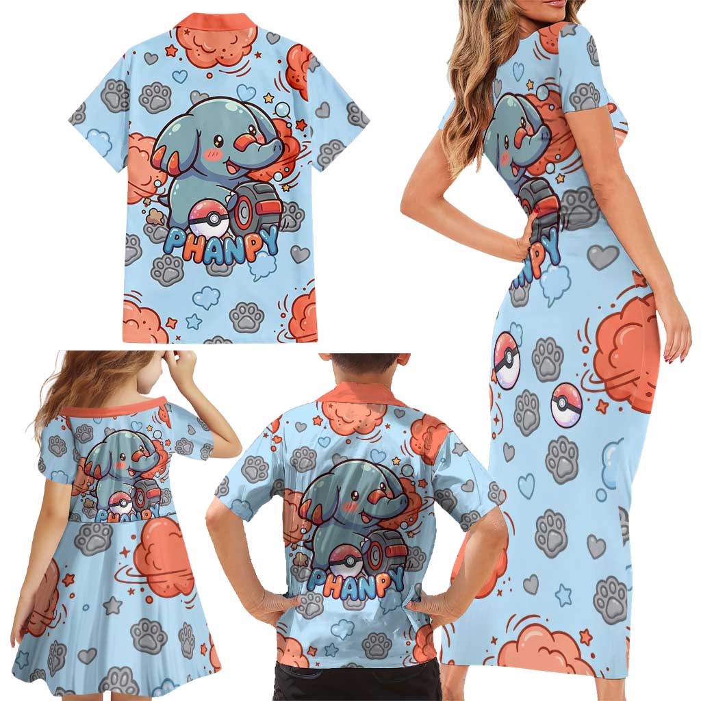 Phanpy Family Matching Short Sleeve Bodycon Dress and Hawaiian Shirt Playful Kawaii Cloud Burst Art