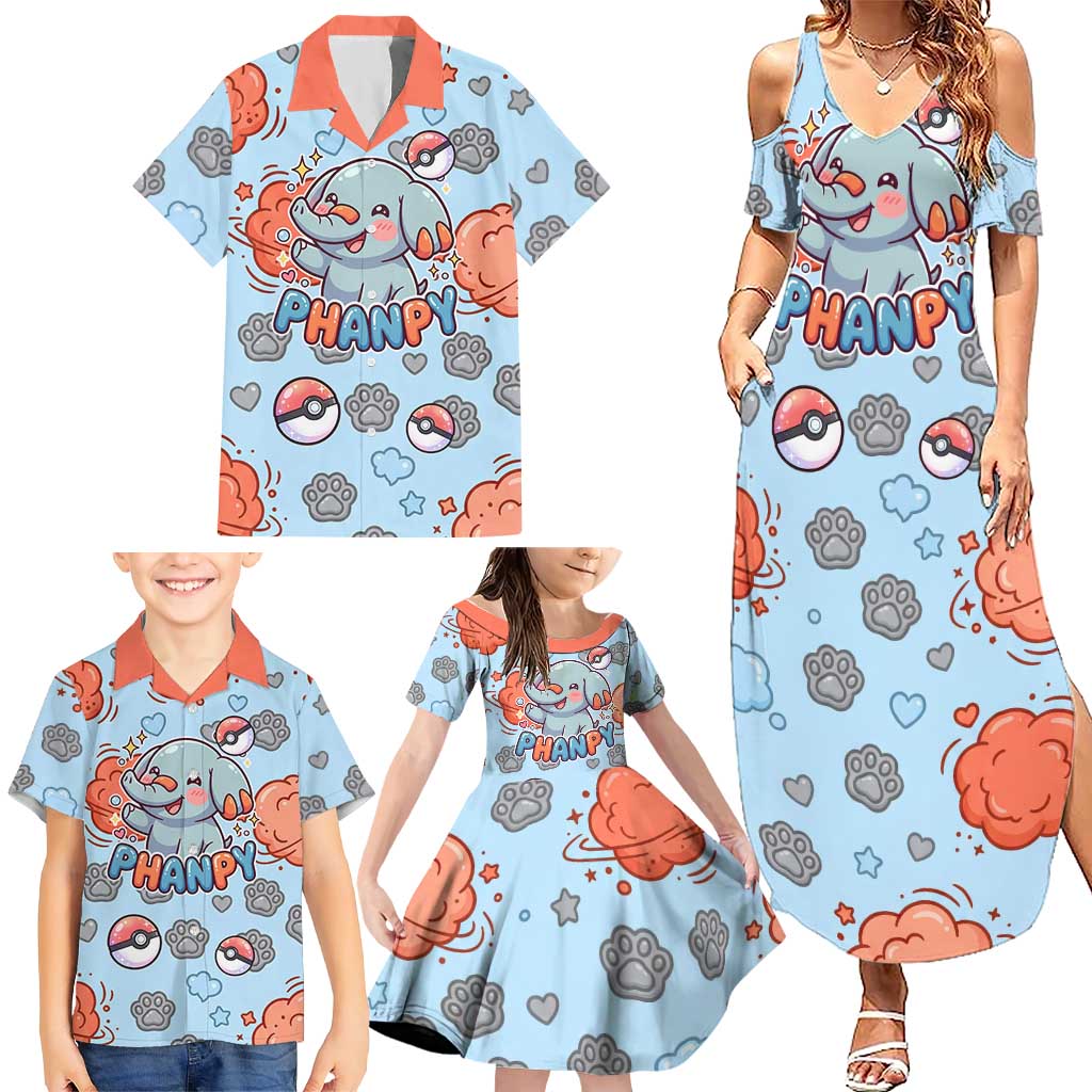 Phanpy Family Matching Summer Maxi Dress and Hawaiian Shirt Playful Kawaii Cloud Burst Art