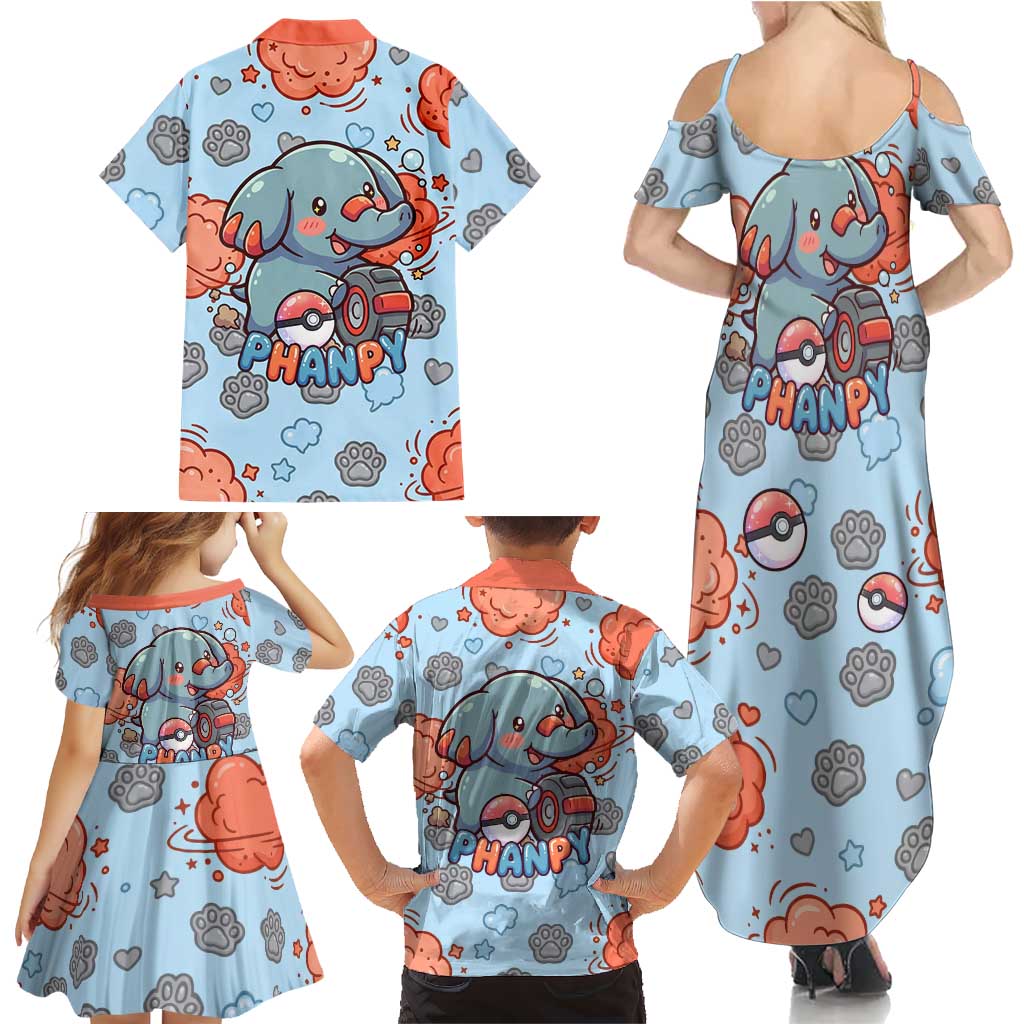 Phanpy Family Matching Summer Maxi Dress and Hawaiian Shirt Playful Kawaii Cloud Burst Art