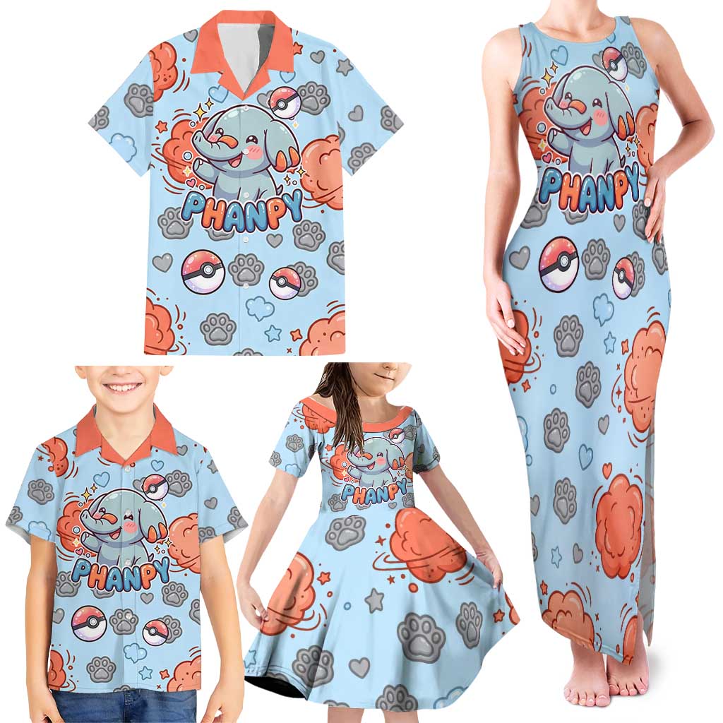 Phanpy Family Matching Tank Maxi Dress and Hawaiian Shirt Playful Kawaii Cloud Burst Art