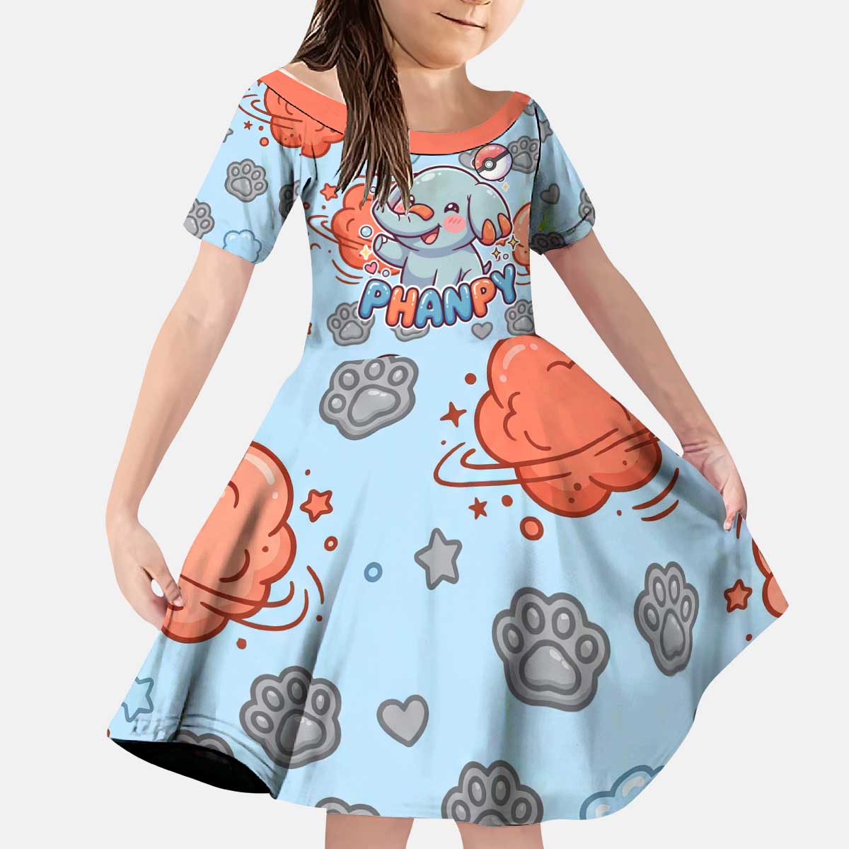 Phanpy Kid Short Sleeve Dress Playful Kawaii Cloud Burst Art