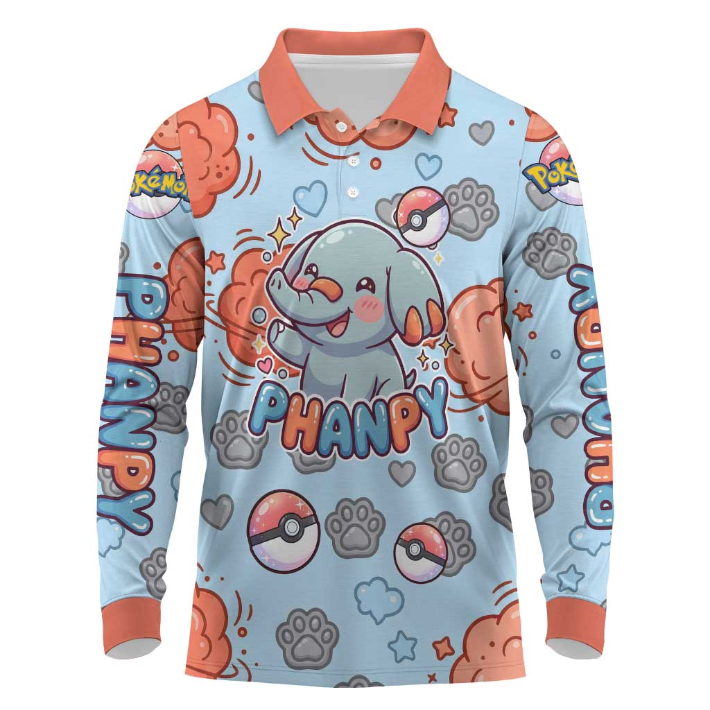 Phanpy Long Sleeve Polo Shirt Playful Kawaii Cloud Burst Art