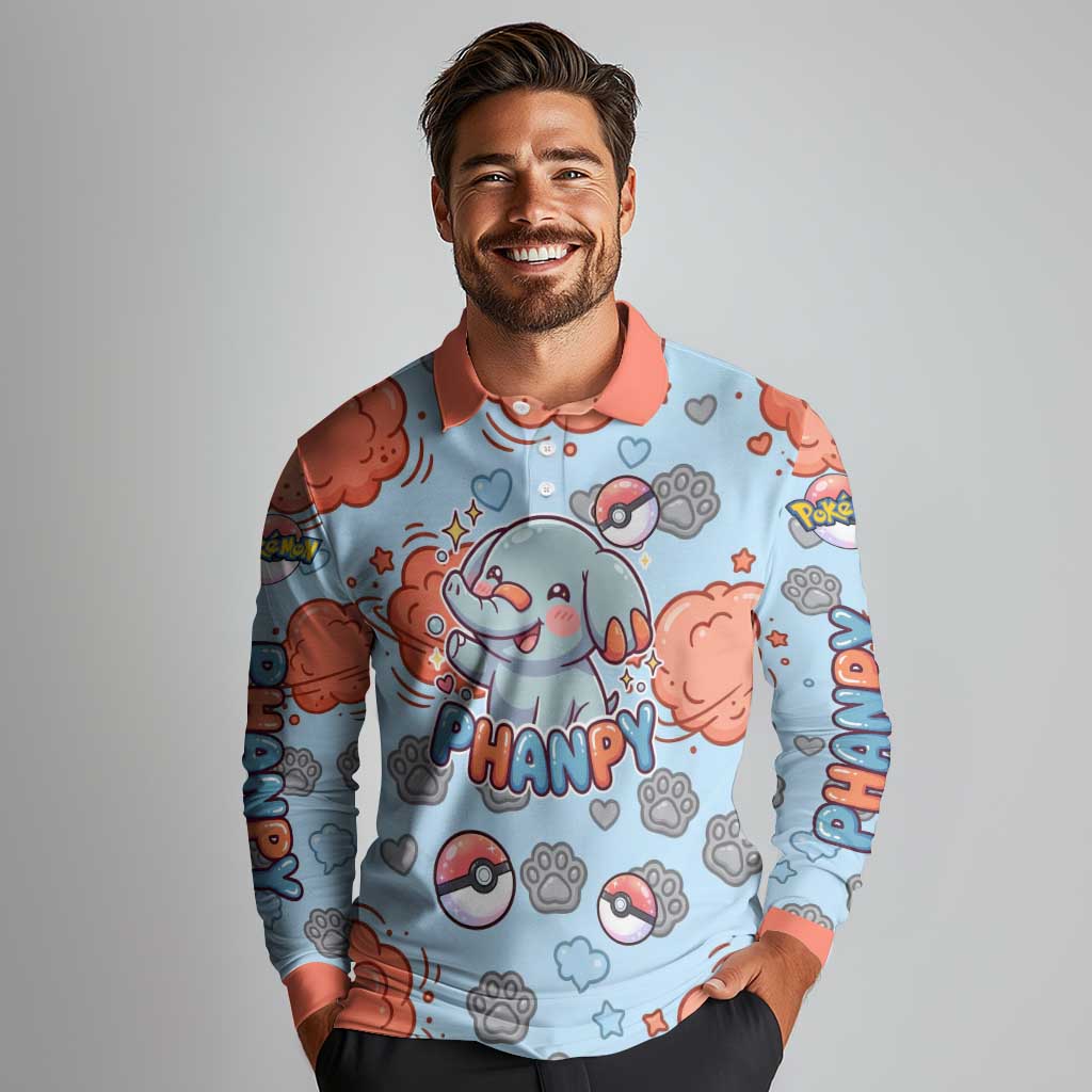 Phanpy Long Sleeve Polo Shirt Playful Kawaii Cloud Burst Art
