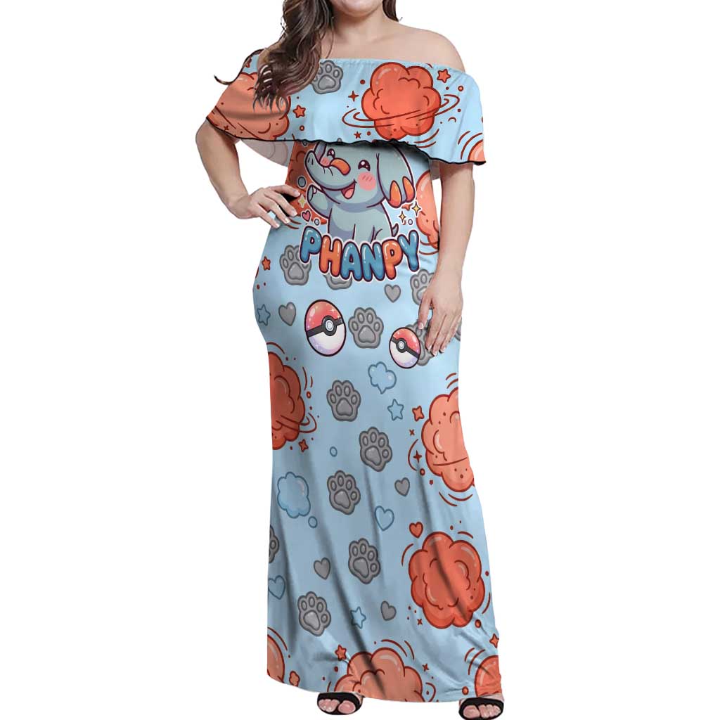 Phanpy Off Shoulder Maxi Dress Playful Kawaii Cloud Burst Art