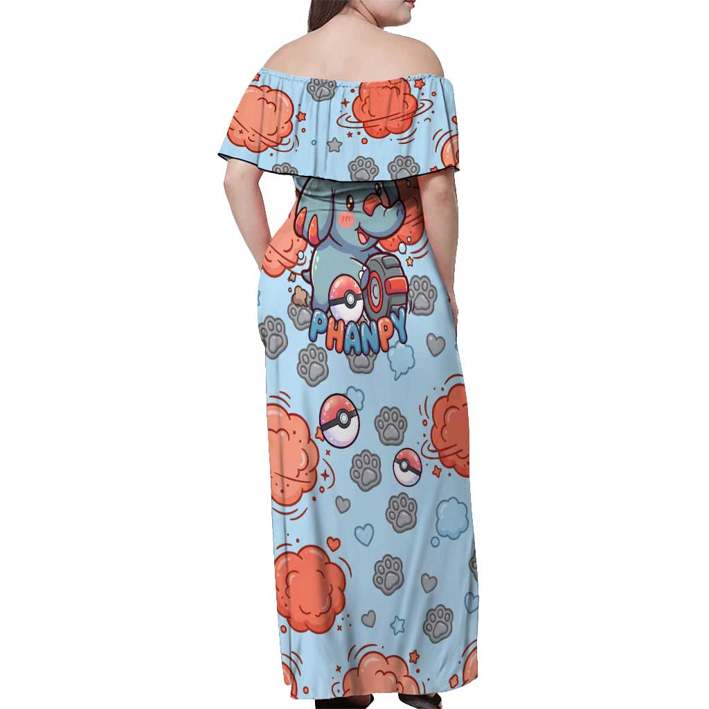 Phanpy Off Shoulder Maxi Dress Playful Kawaii Cloud Burst Art