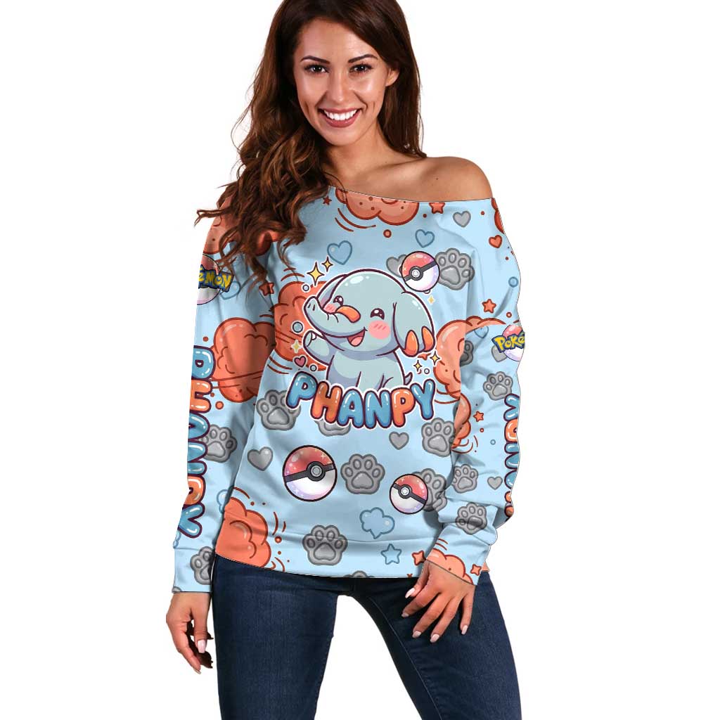 Phanpy Off Shoulder Sweater Playful Kawaii Cloud Burst Art