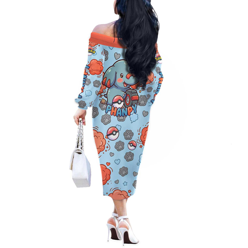 Phanpy Off The Shoulder Long Sleeve Dress Playful Kawaii Cloud Burst Art