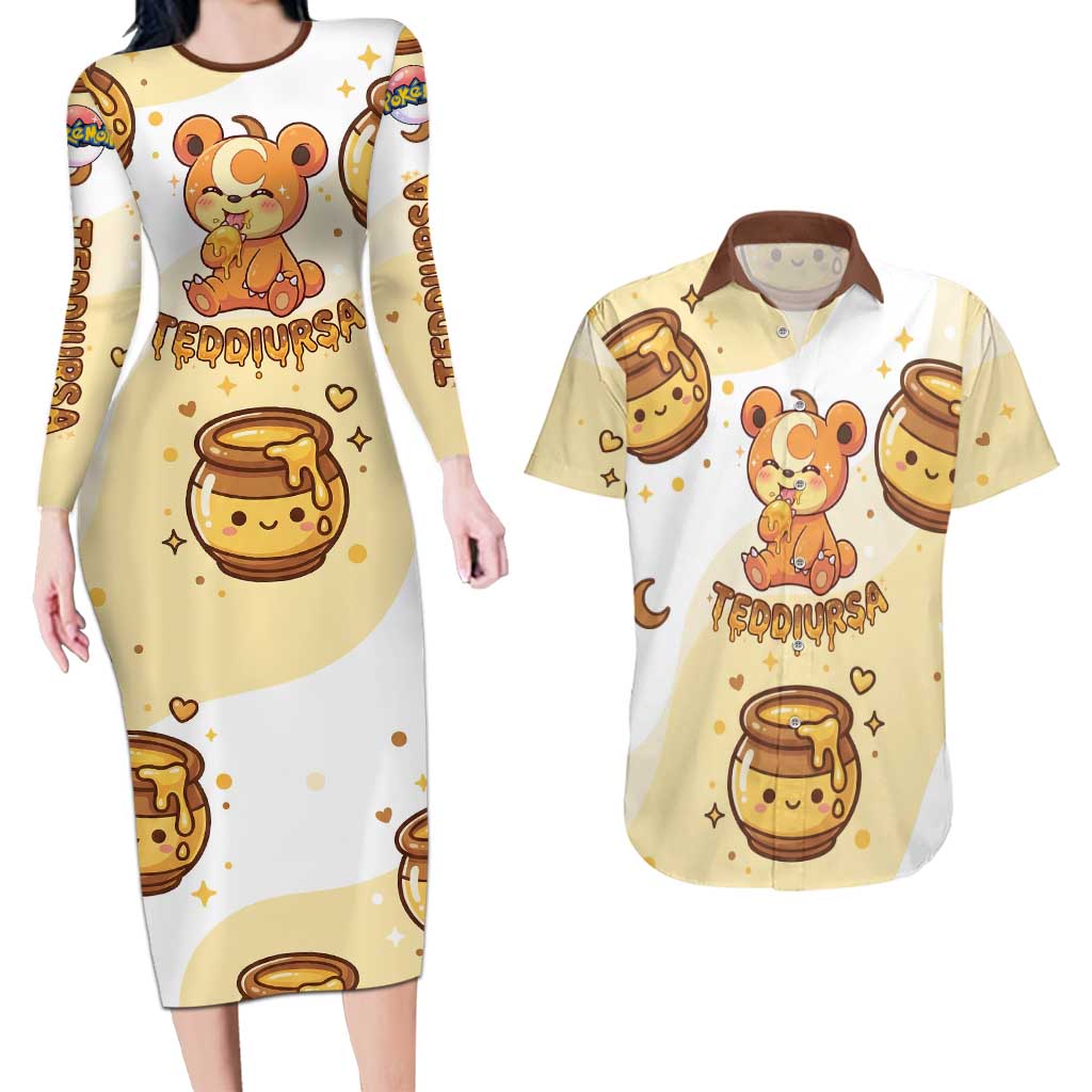 Teddiursa Couples Matching Long Sleeve Bodycon Dress and Hawaiian Shirt Sweet Honey Moon Kawaii Art