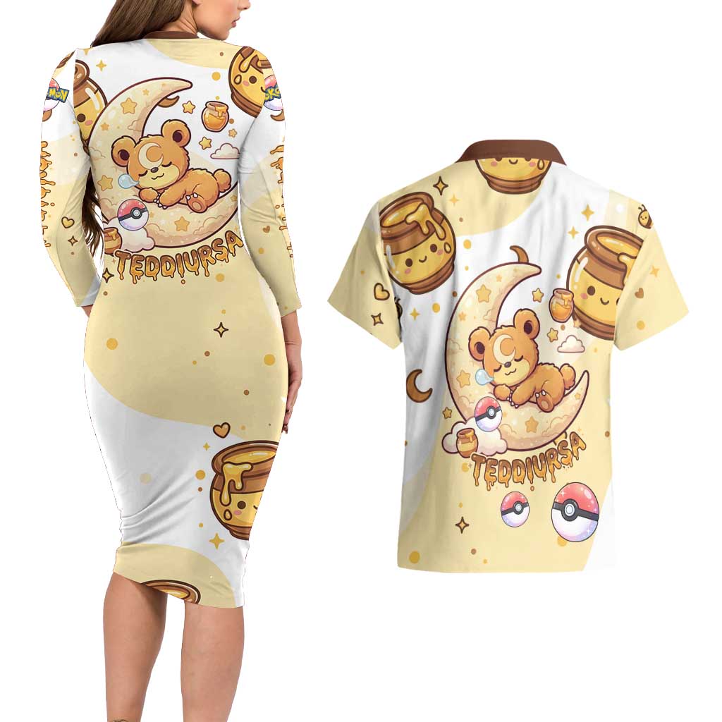 Teddiursa Couples Matching Long Sleeve Bodycon Dress and Hawaiian Shirt Sweet Honey Moon Kawaii Art