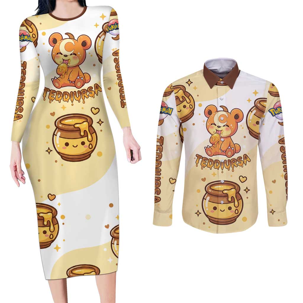 Teddiursa Couples Matching Long Sleeve Bodycon Dress and Long Sleeve Button Shirt Sweet Honey Moon Kawaii Art
