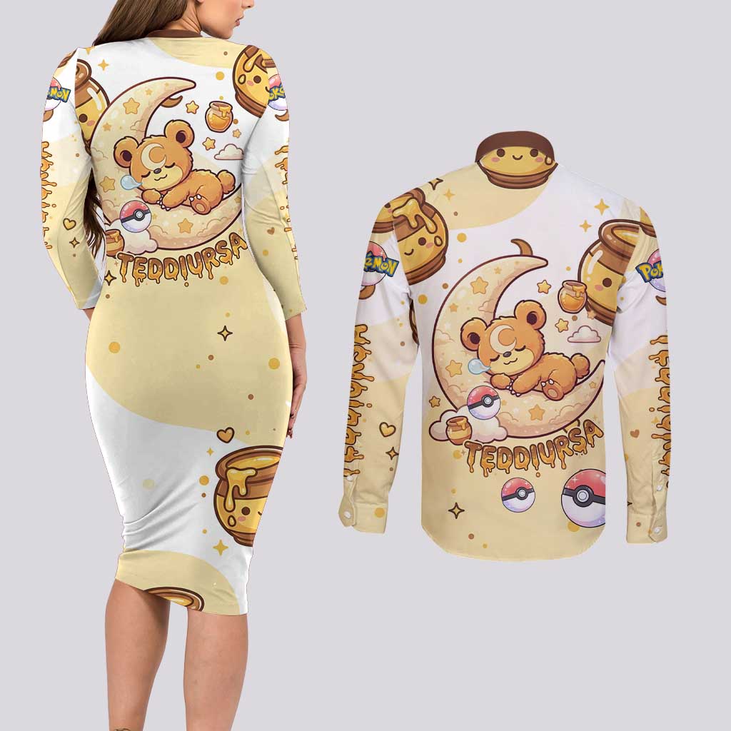 Teddiursa Couples Matching Long Sleeve Bodycon Dress and Long Sleeve Button Shirt Sweet Honey Moon Kawaii Art