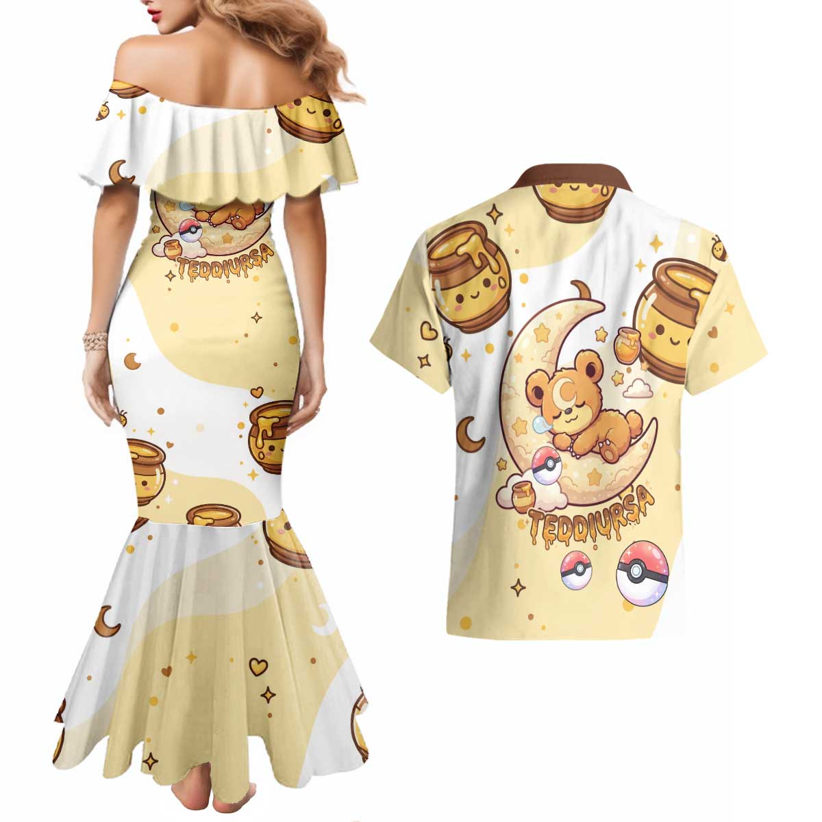 Teddiursa Couples Matching Mermaid Dress and Hawaiian Shirt Sweet Honey Moon Kawaii Art