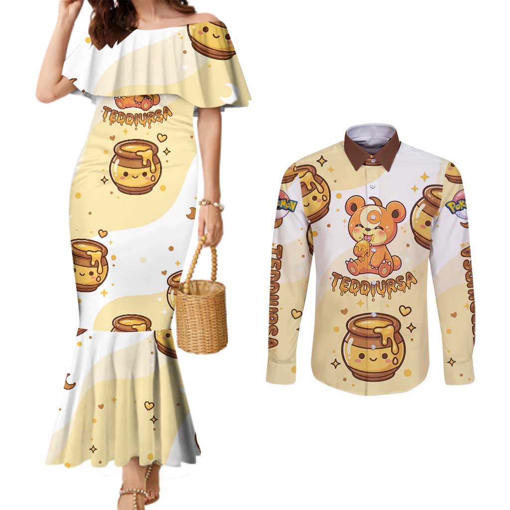 Teddiursa Couples Matching Mermaid Dress and Long Sleeve Button Shirt Sweet Honey Moon Kawaii Art