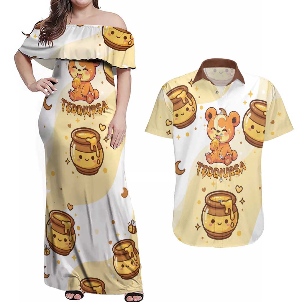 Teddiursa Couples Matching Off Shoulder Maxi Dress and Hawaiian Shirt Sweet Honey Moon Kawaii Art