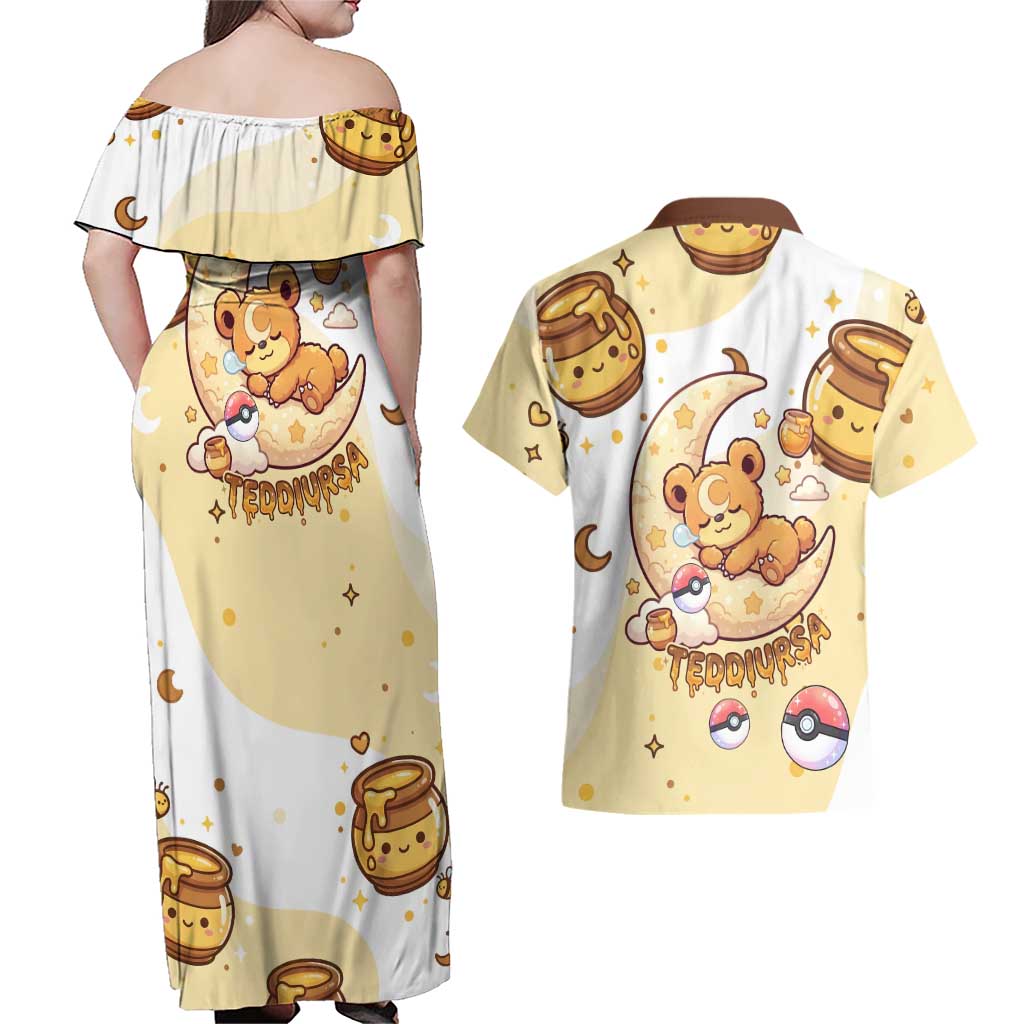 Teddiursa Couples Matching Off Shoulder Maxi Dress and Hawaiian Shirt Sweet Honey Moon Kawaii Art