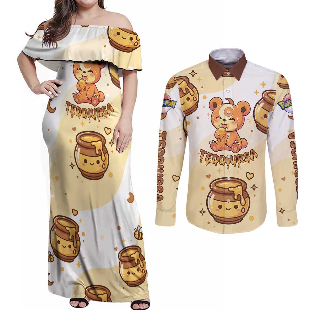 Teddiursa Couples Matching Off Shoulder Maxi Dress and Long Sleeve Button Shirt Sweet Honey Moon Kawaii Art