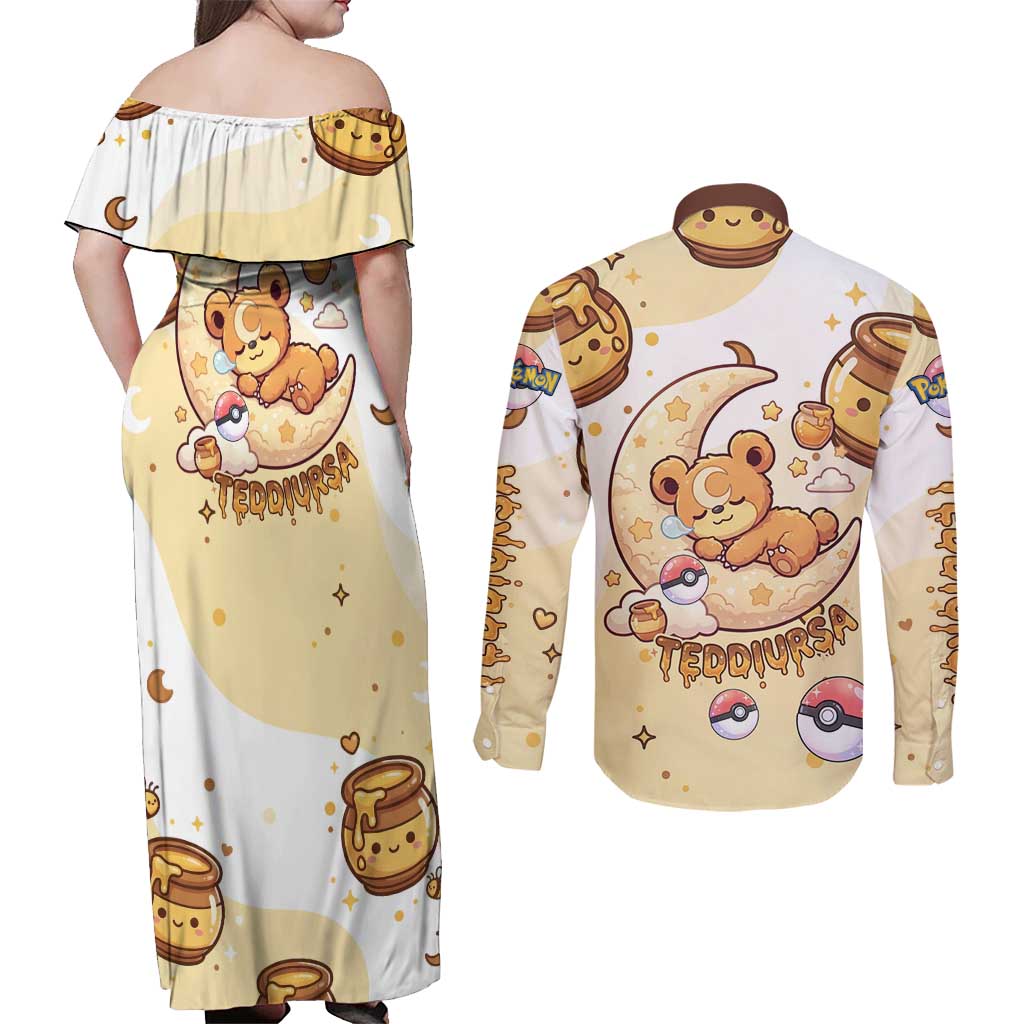 Teddiursa Couples Matching Off Shoulder Maxi Dress and Long Sleeve Button Shirt Sweet Honey Moon Kawaii Art