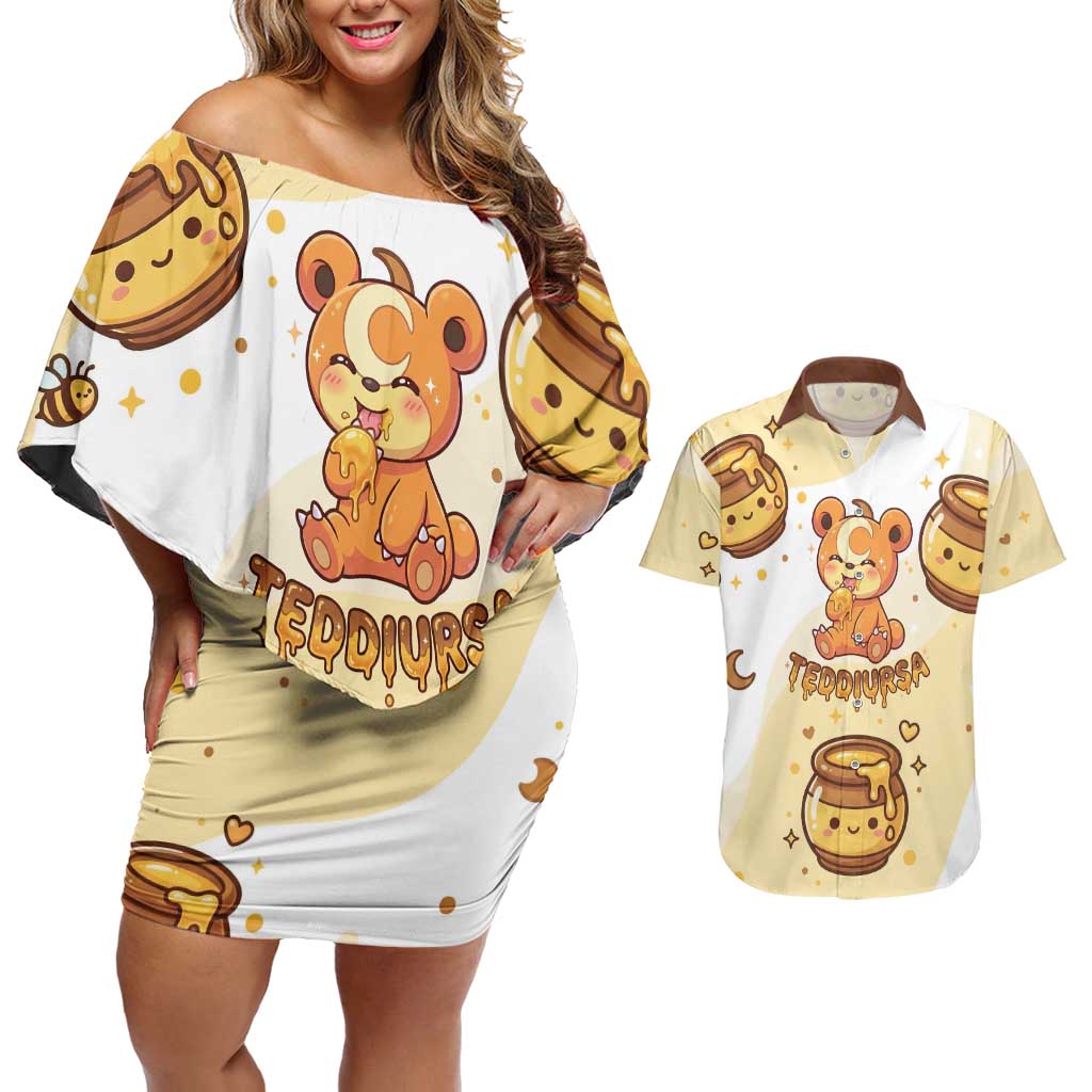 Teddiursa Couples Matching Off Shoulder Short Dress and Hawaiian Shirt Sweet Honey Moon Kawaii Art