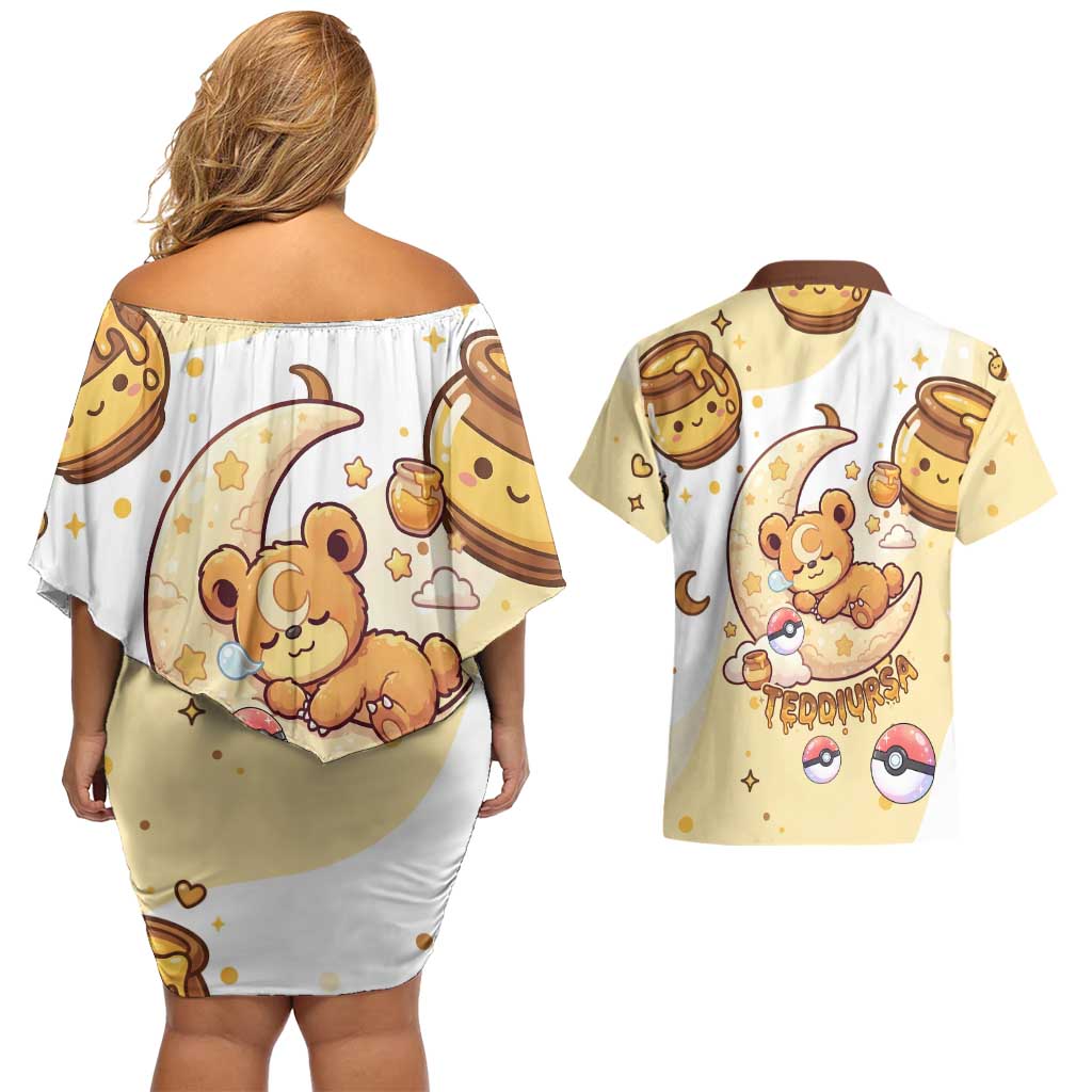 Teddiursa Couples Matching Off Shoulder Short Dress and Hawaiian Shirt Sweet Honey Moon Kawaii Art