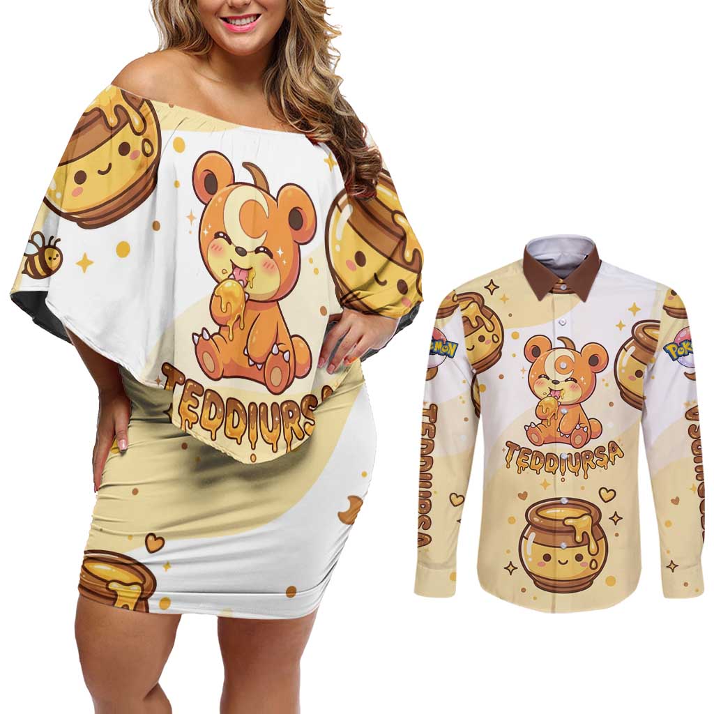 Teddiursa Couples Matching Off Shoulder Short Dress and Long Sleeve Button Shirt Sweet Honey Moon Kawaii Art