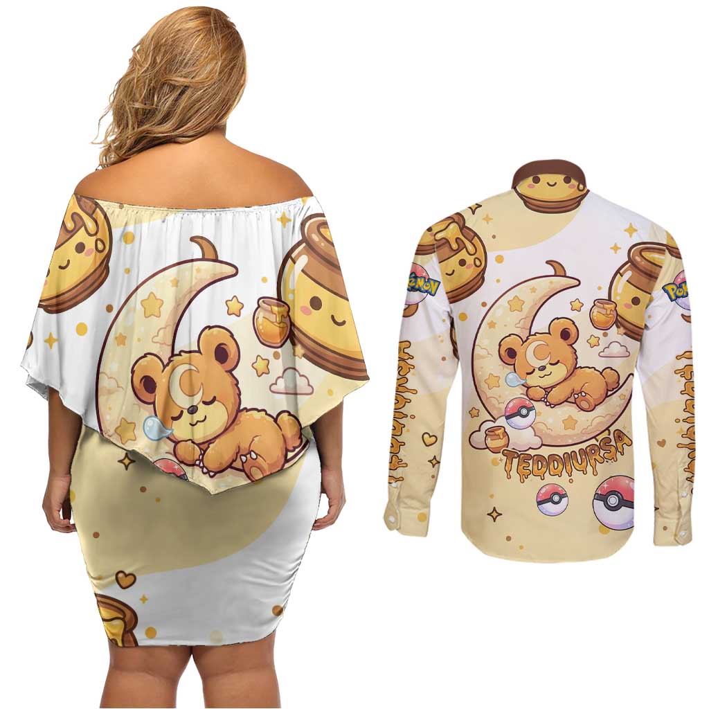 Teddiursa Couples Matching Off Shoulder Short Dress and Long Sleeve Button Shirt Sweet Honey Moon Kawaii Art